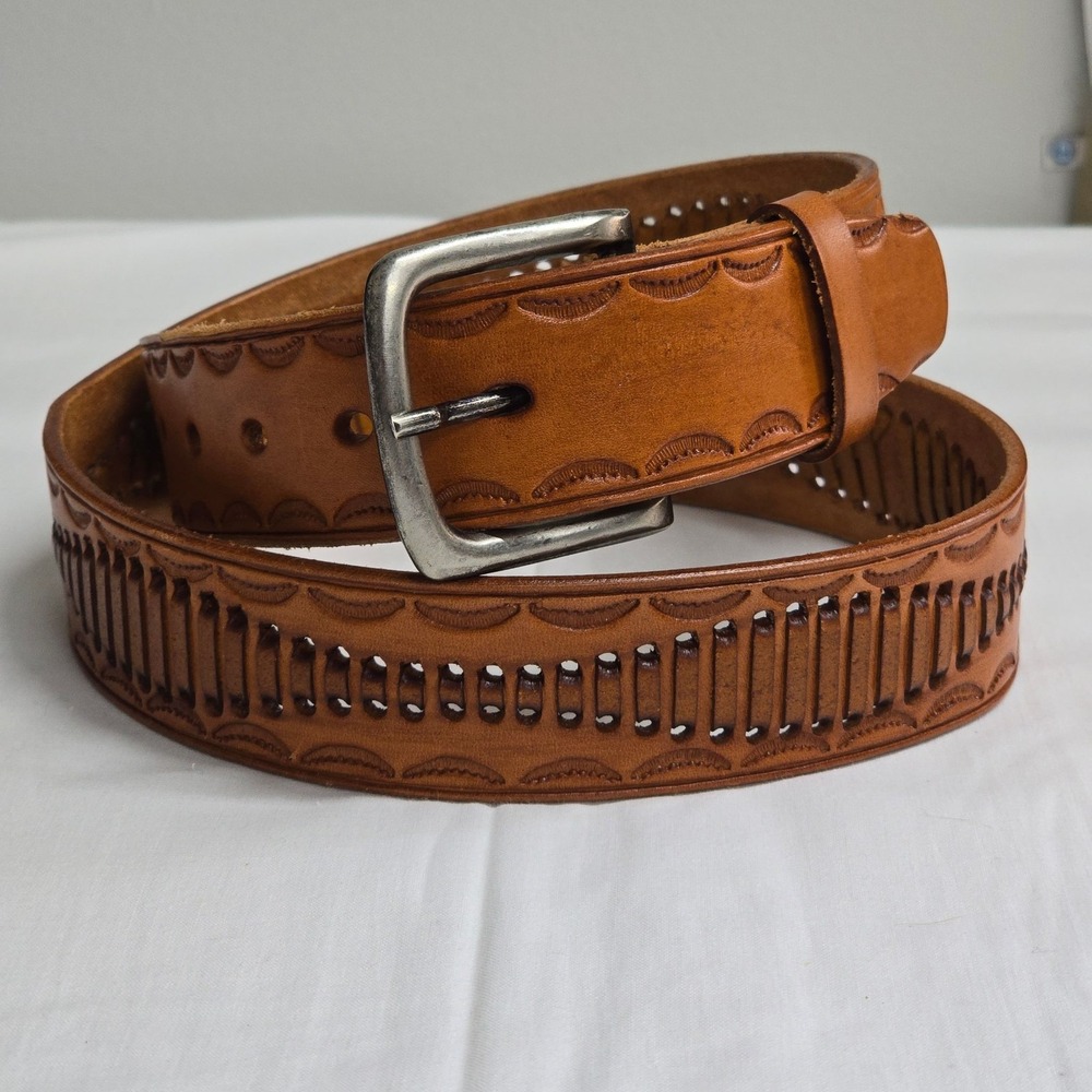 Mens Leather Belt‎ 36 Brown Tooled Cutout Western Pattern Genuine Leather